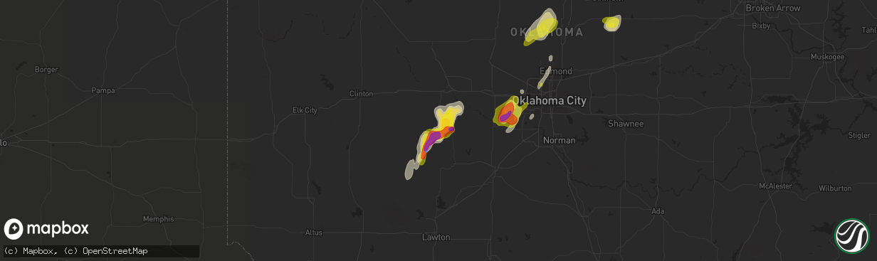 Hail map in Binger, OK on March 17, 2022