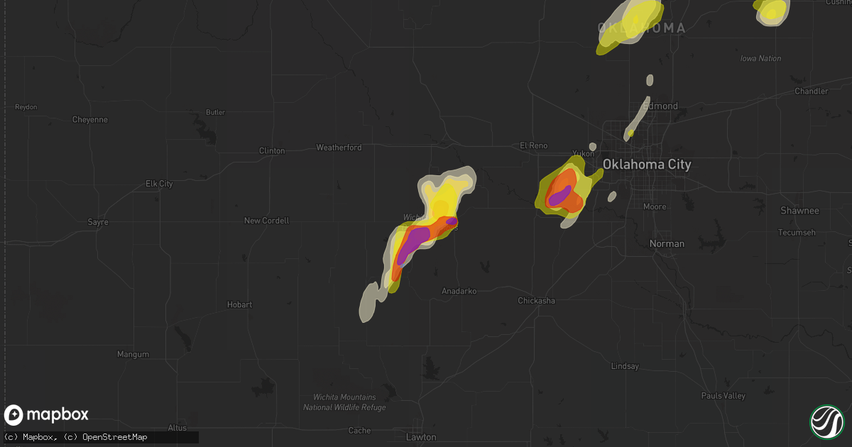 Hail map in Binger, OK on March 17, 2022