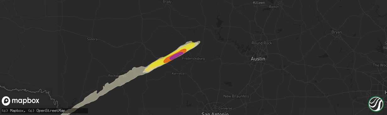 Hail map in Fredericksburg, TX on March 18, 2020