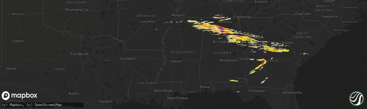 Hail map in Mississippi on March 19, 2018