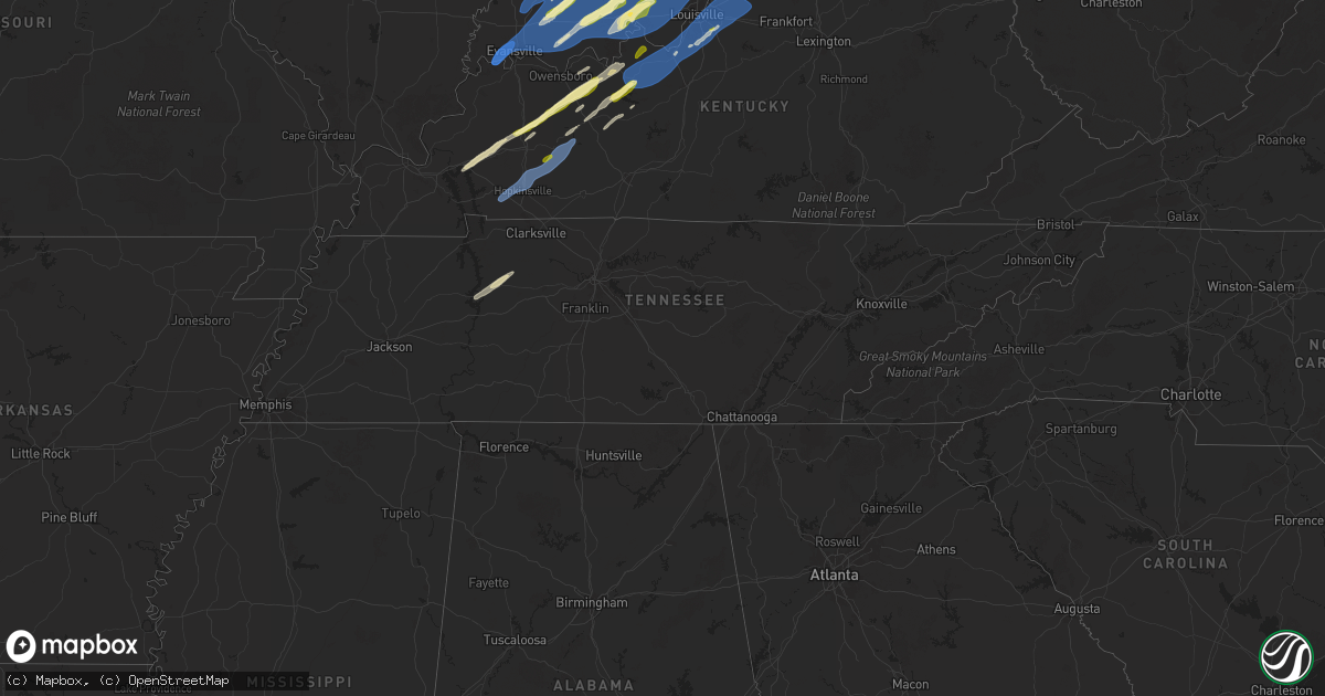 Hail map in Tennessee on March 19, 2025