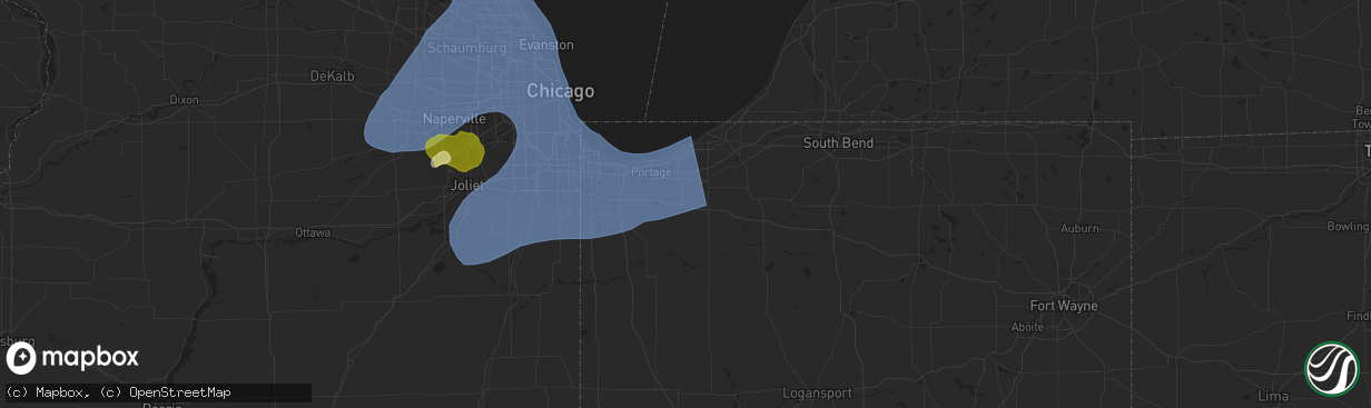 Hail map in Valparaiso, IN on March 19, 2025