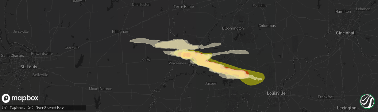 Hail map in Bicknell, IN on March 22, 2026