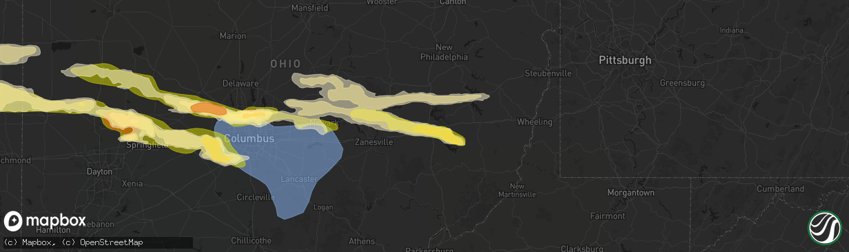 Hail map in Cambridge, OH on March 22, 2026