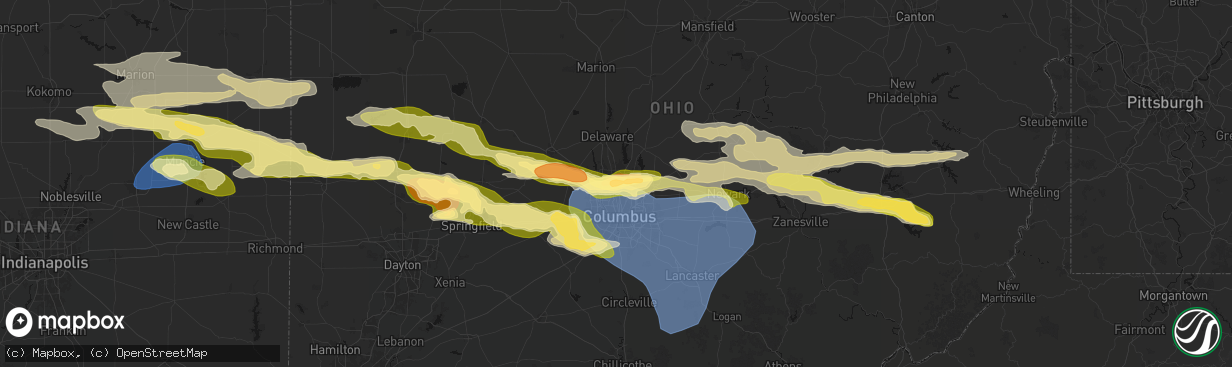 Hail map in Columbus, OH on March 22, 2026