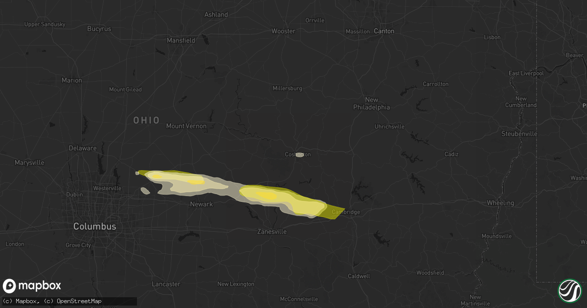 Hail map in Coshocton, OH on March 22, 2026