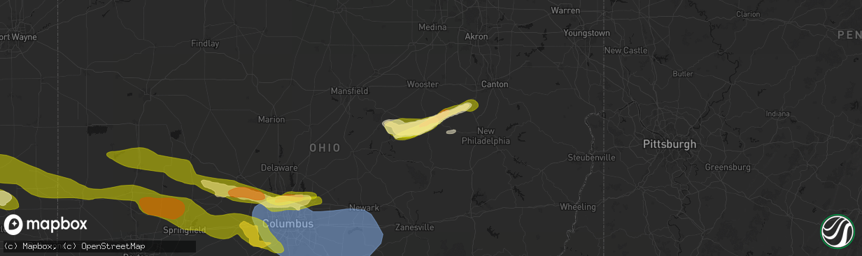 Hail map in Millersburg, OH on March 22, 2026
