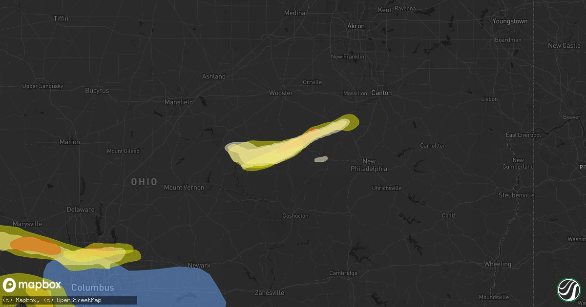 Hail map in Millersburg, OH on March 22, 2026