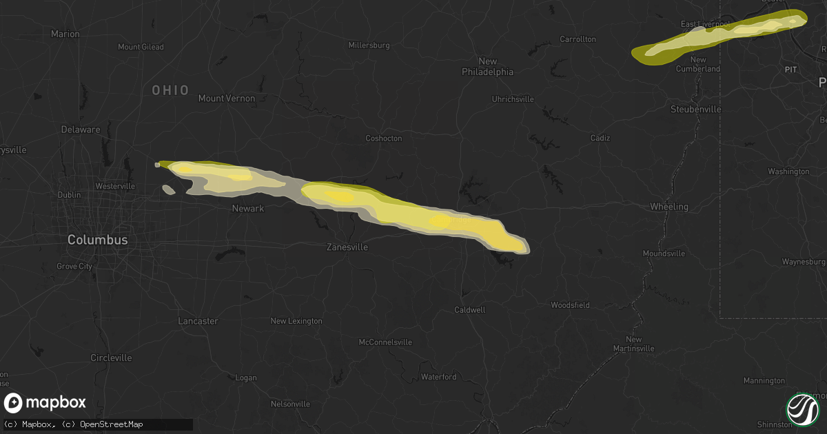 Hail map in New Concord, OH on March 22, 2026