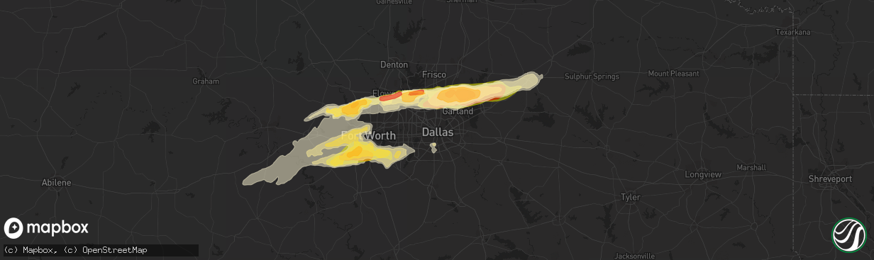 Hail map in Dallas, TX on March 23, 2016