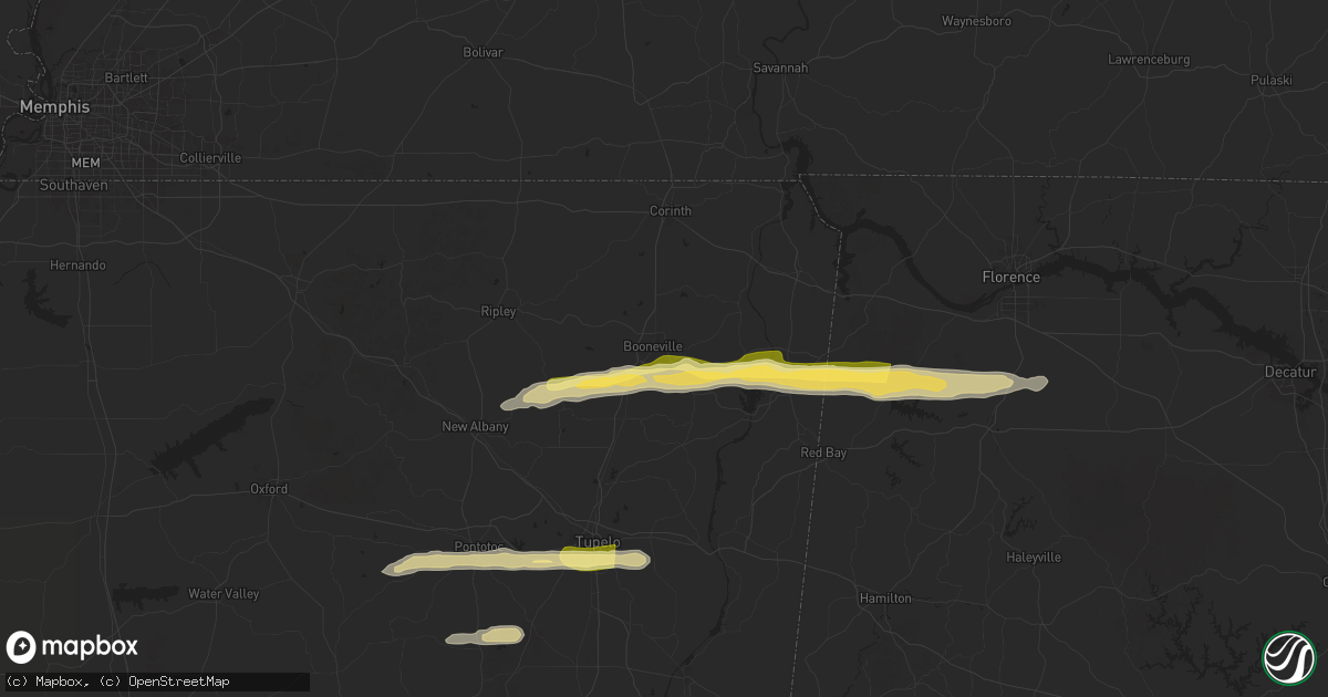 Hail map in Booneville, MS on March 23, 2025