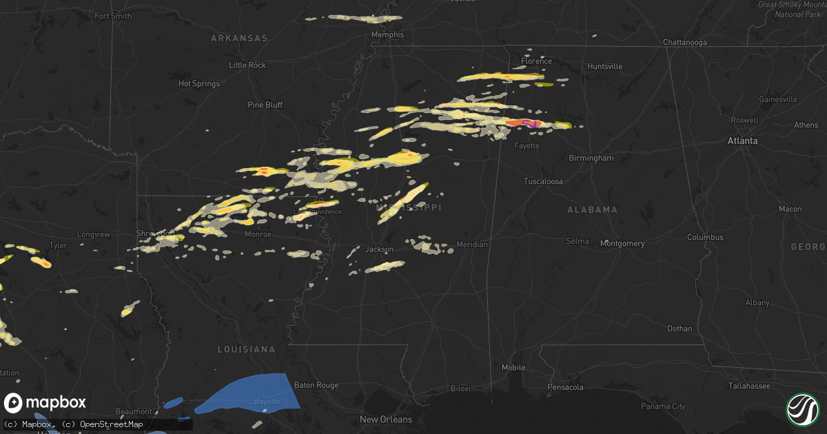 Hail map in Mississippi on March 23, 2025
