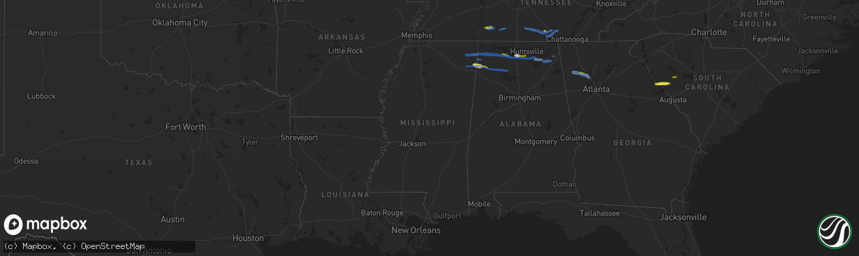 Hail map in Mississippi on March 24, 2020