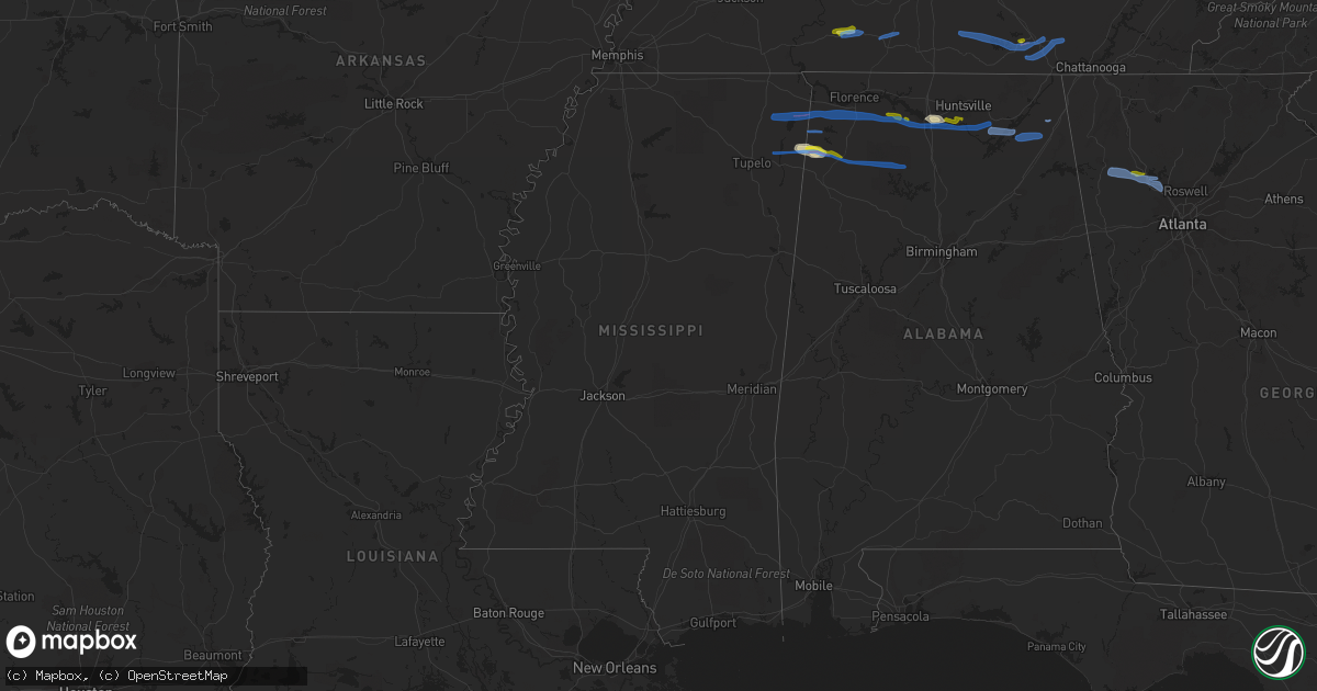 Hail map in Mississippi on March 24, 2020