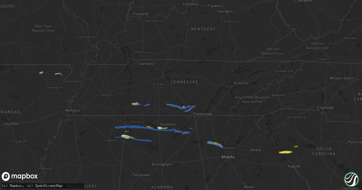 Hail map in Tennessee on March 24, 2020