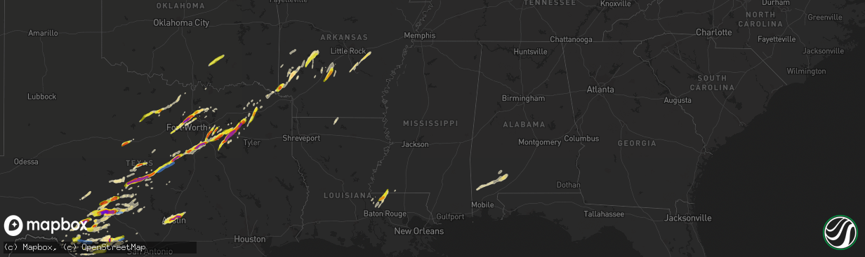 Hail map in Mississippi on March 24, 2021