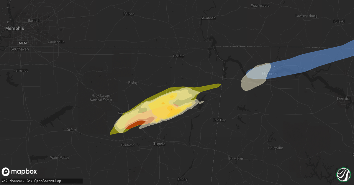 Hail map in Booneville, MS on March 24, 2023