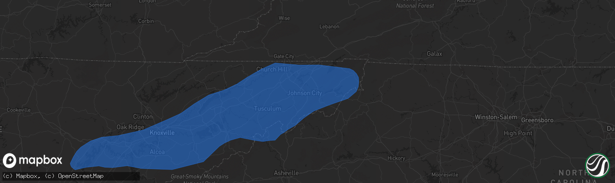 Hail map in Johnson City, TN on March 24, 2023