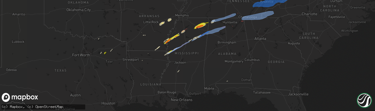Hail map in Mississippi on March 24, 2023