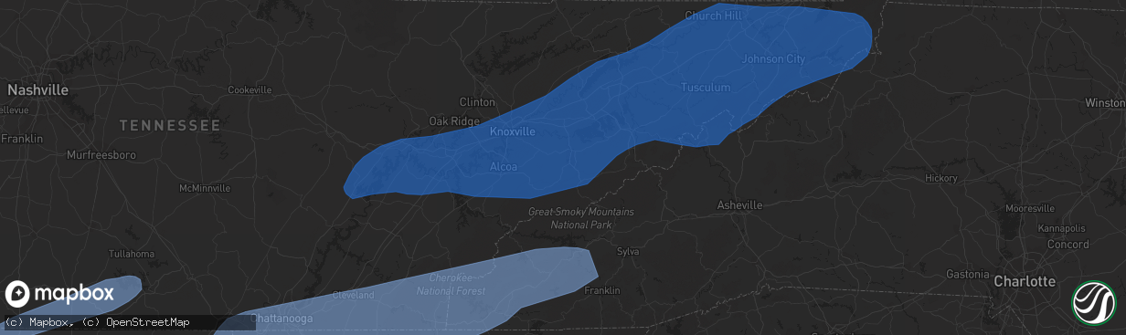 Hail map in Sevierville, TN on March 24, 2023