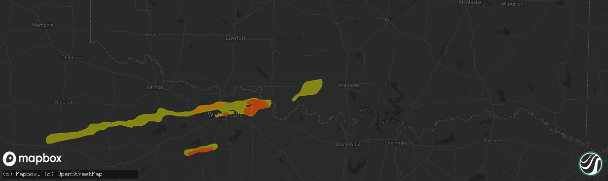 Hail map in Ringling, OK on March 24, 2024