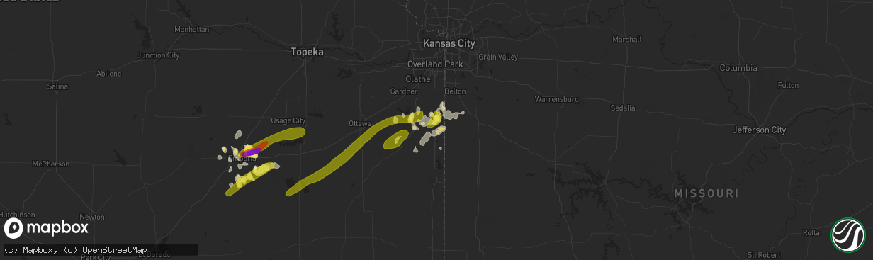 Hail map in Louisburg, KS on March 25, 2018