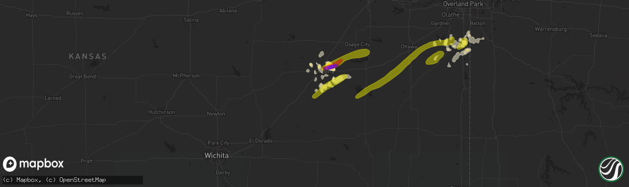 Hail map in Olpe, KS on March 25, 2018