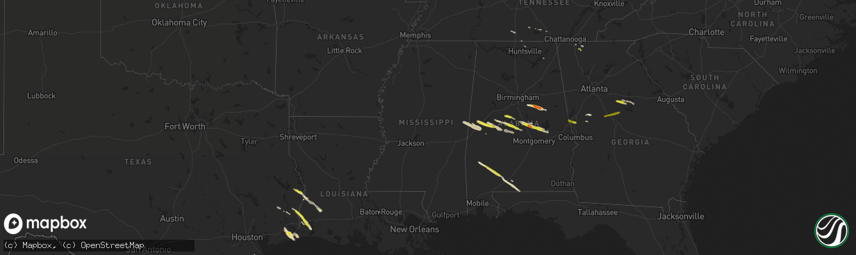 Hail map in Mississippi on March 25, 2019