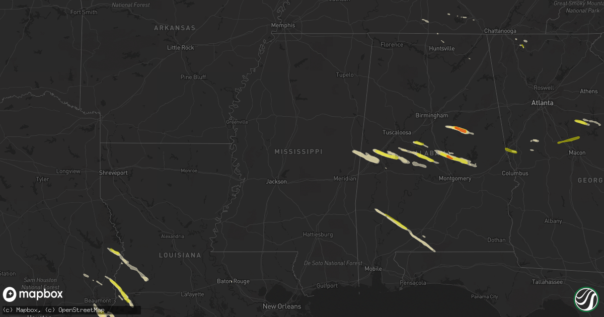 Hail map in Mississippi on March 25, 2019
