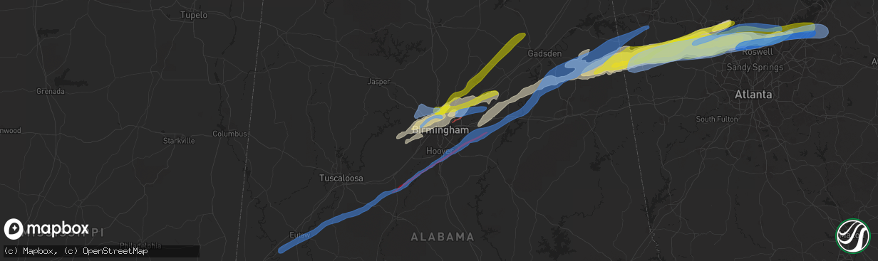 Hail map in Birmingham, AL on March 25, 2021