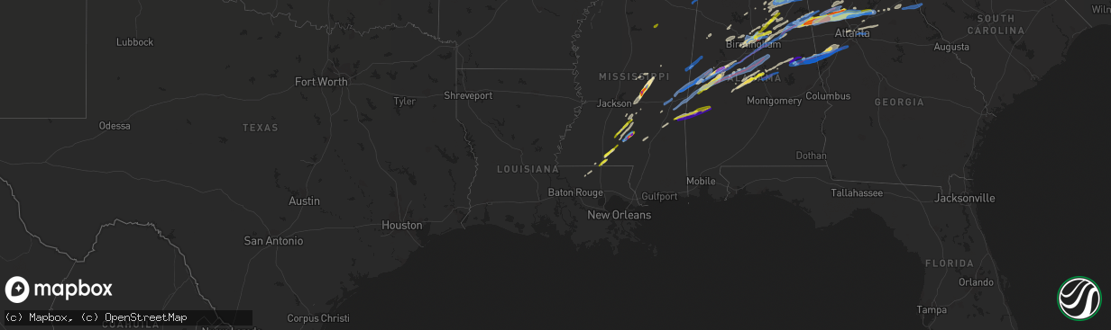 Hail map in Louisiana on March 25, 2021