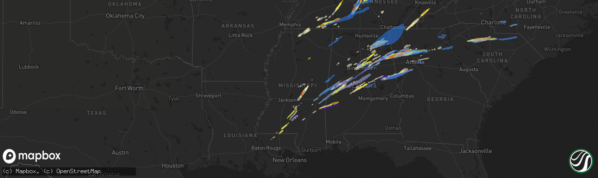 Hail map in Mississippi on March 25, 2021