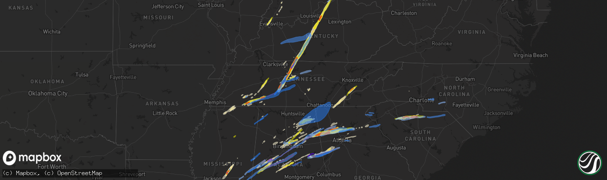 Hail map in Tennessee on March 25, 2021