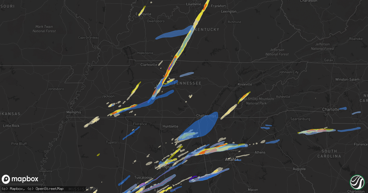Hail map in Tennessee on March 25, 2021