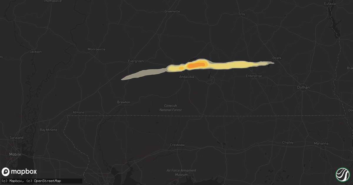 Hail map in Andalusia, AL on March 25, 2023