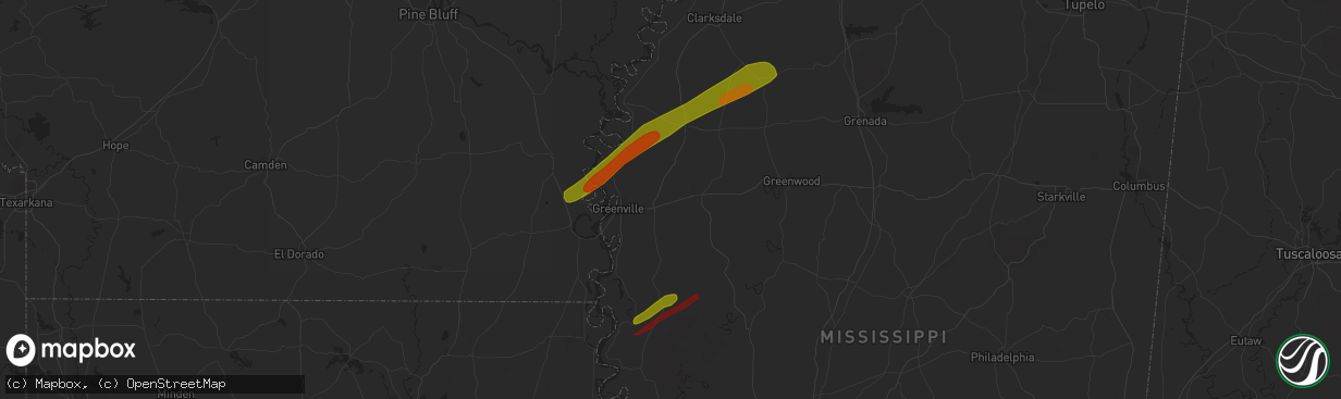 Hail map in Greenville, MS on March 25, 2023