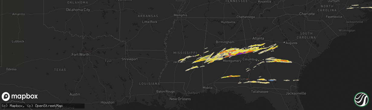 Hail map in Mississippi on March 25, 2023