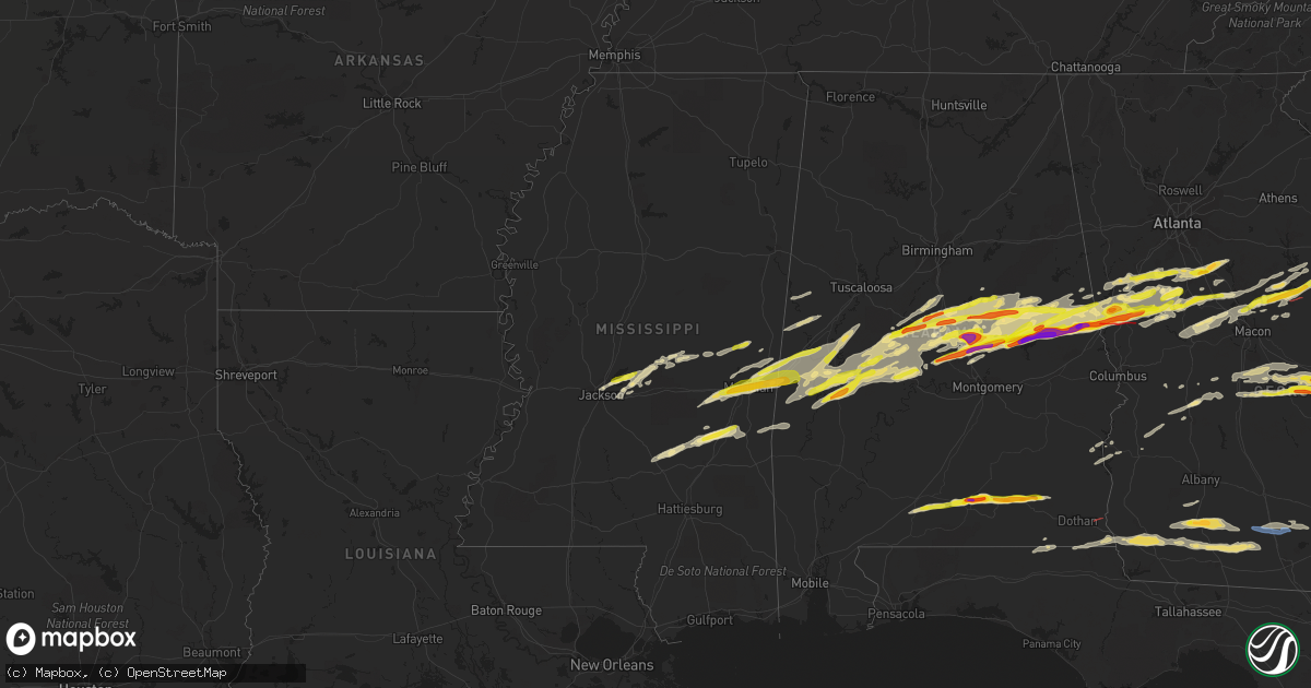 Hail map in Mississippi on March 25, 2023