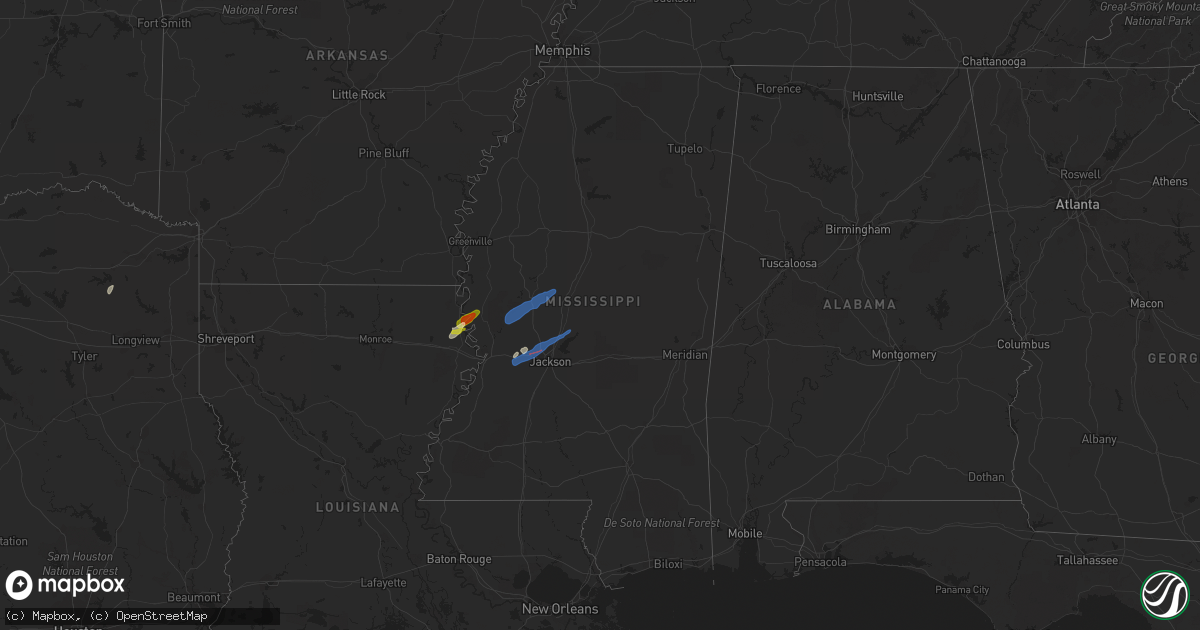 Hail map in Mississippi on March 25, 2024