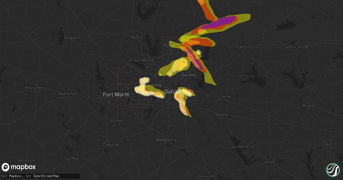 Hail map in Dallas, TX on March 25, 2025