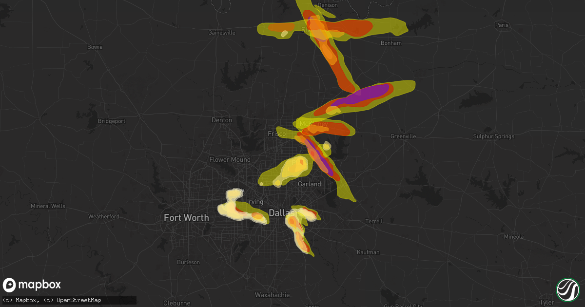 Hail map in Plano, TX on March 25, 2025