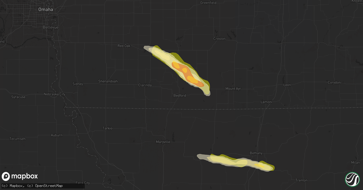 Hail map in Bedford, IA on March 26, 2025
