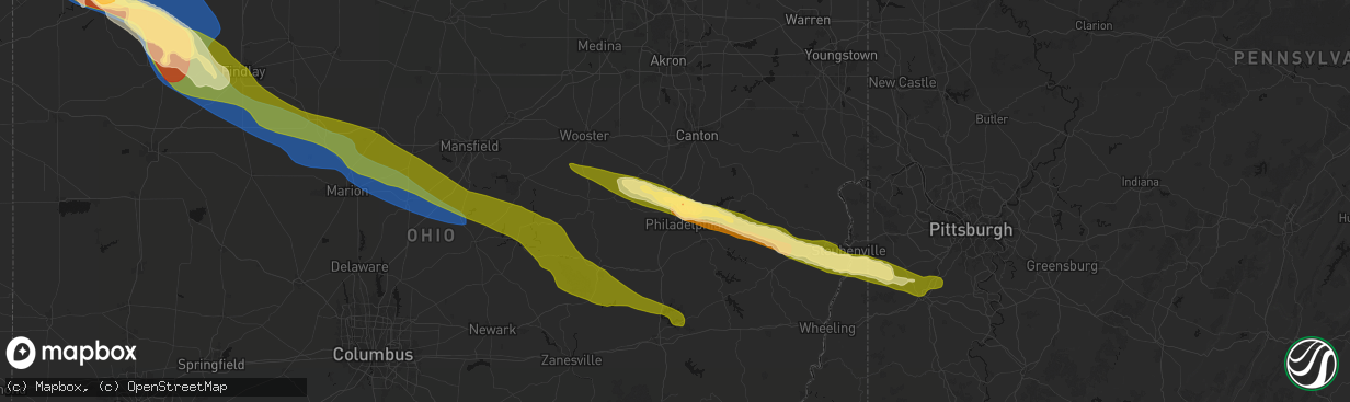 Hail map in Dover, OH on March 26, 2026