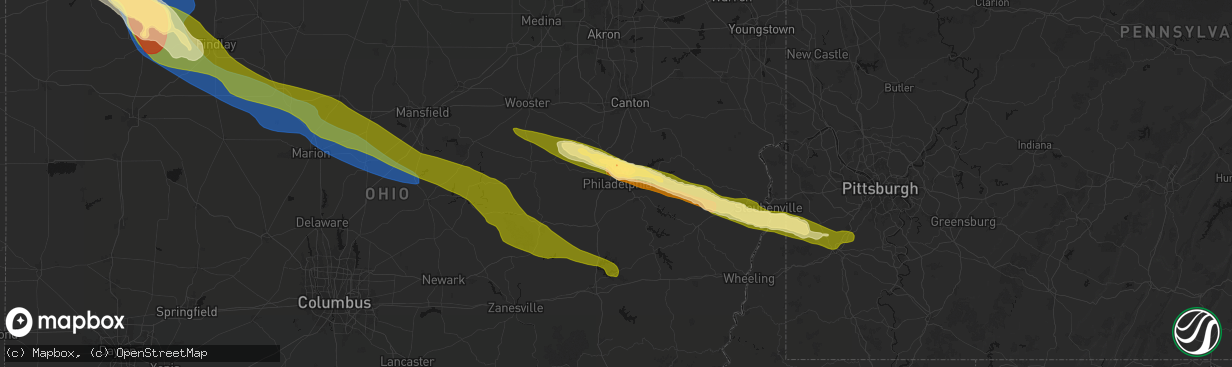 Hail map in New Philadelphia, OH on March 26, 2026