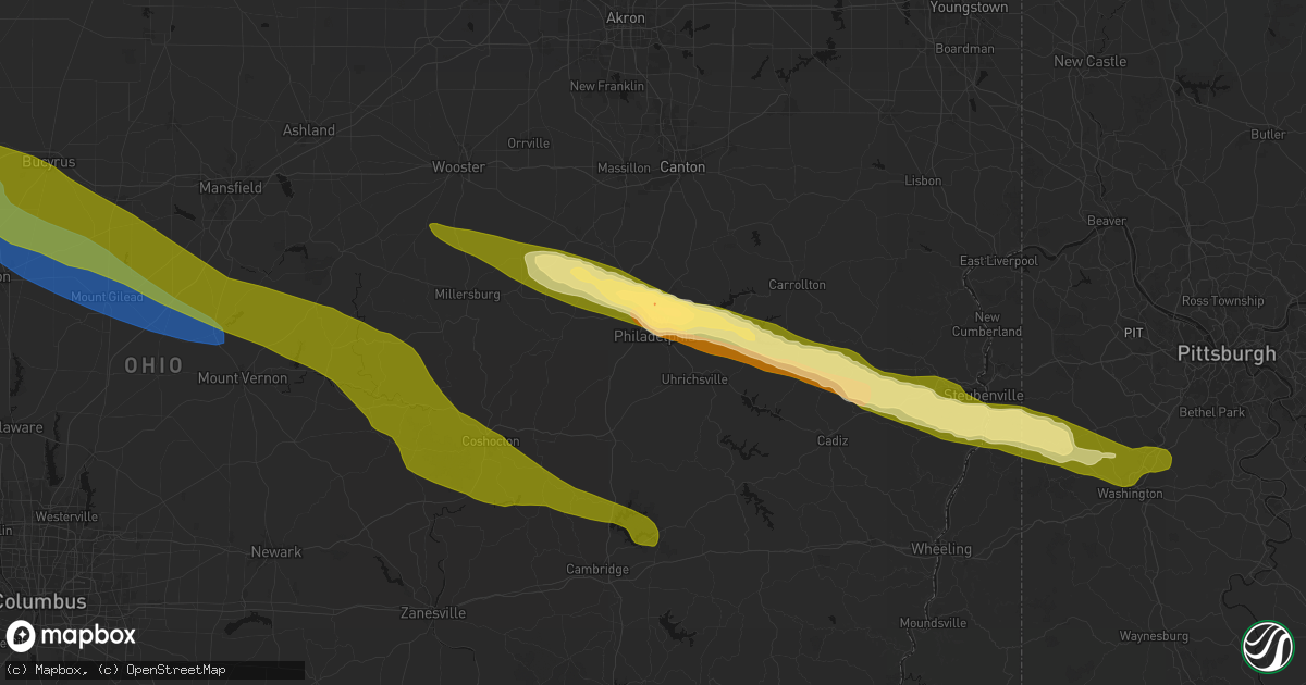 Hail map in New Philadelphia, OH on March 26, 2026
