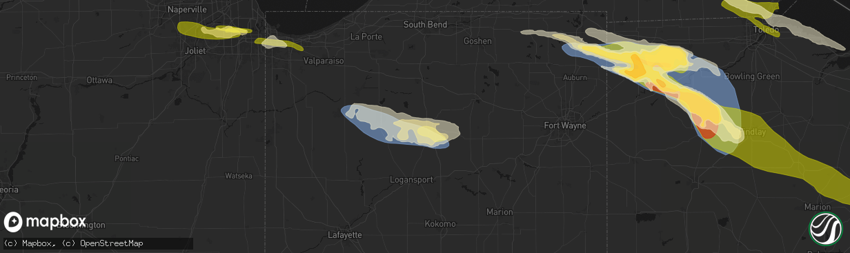 Hail map in Rochester, IN on March 26, 2026