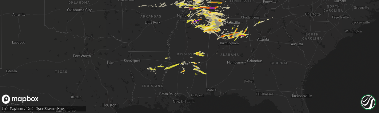 Hail map in Mississippi on March 27, 2017