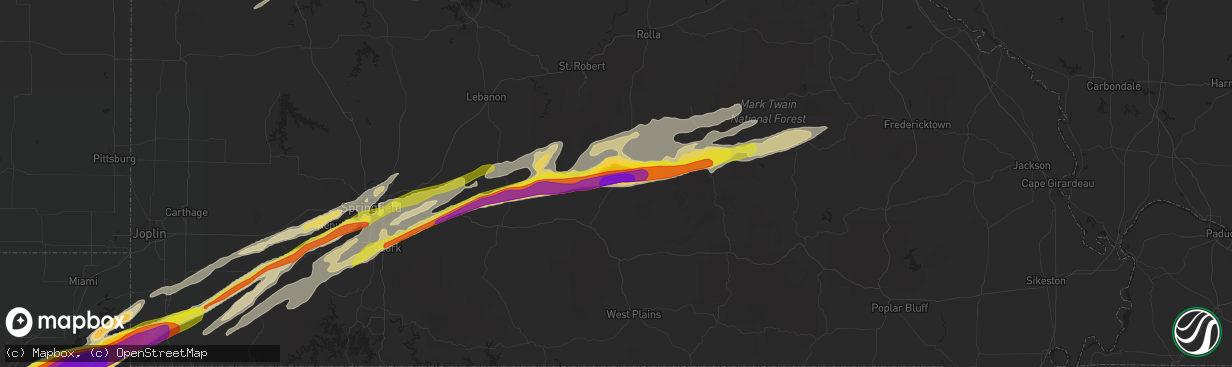 Hail map in Houston, MO on March 27, 2020