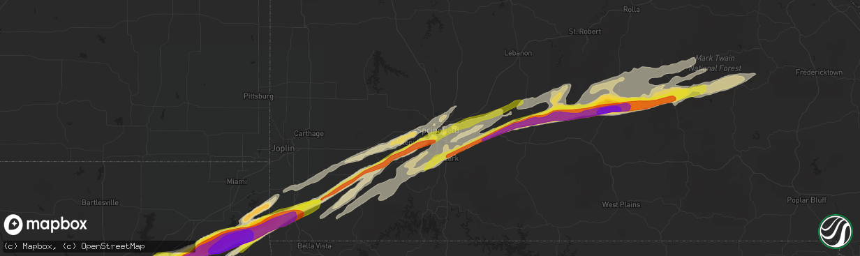 Hail map in Springfield, MO on March 27, 2020