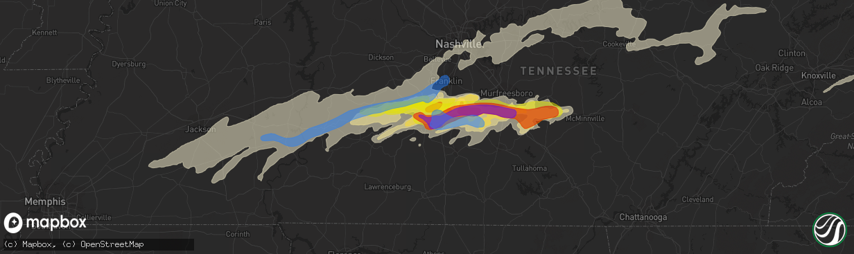 Hail map in Columbia, TN on March 27, 2021